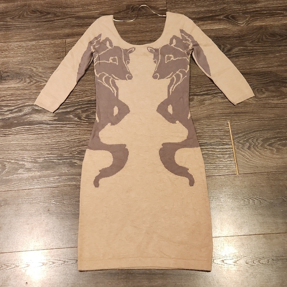 Bar III Beige and Taupe Knit Midi Dress with Fox Motif